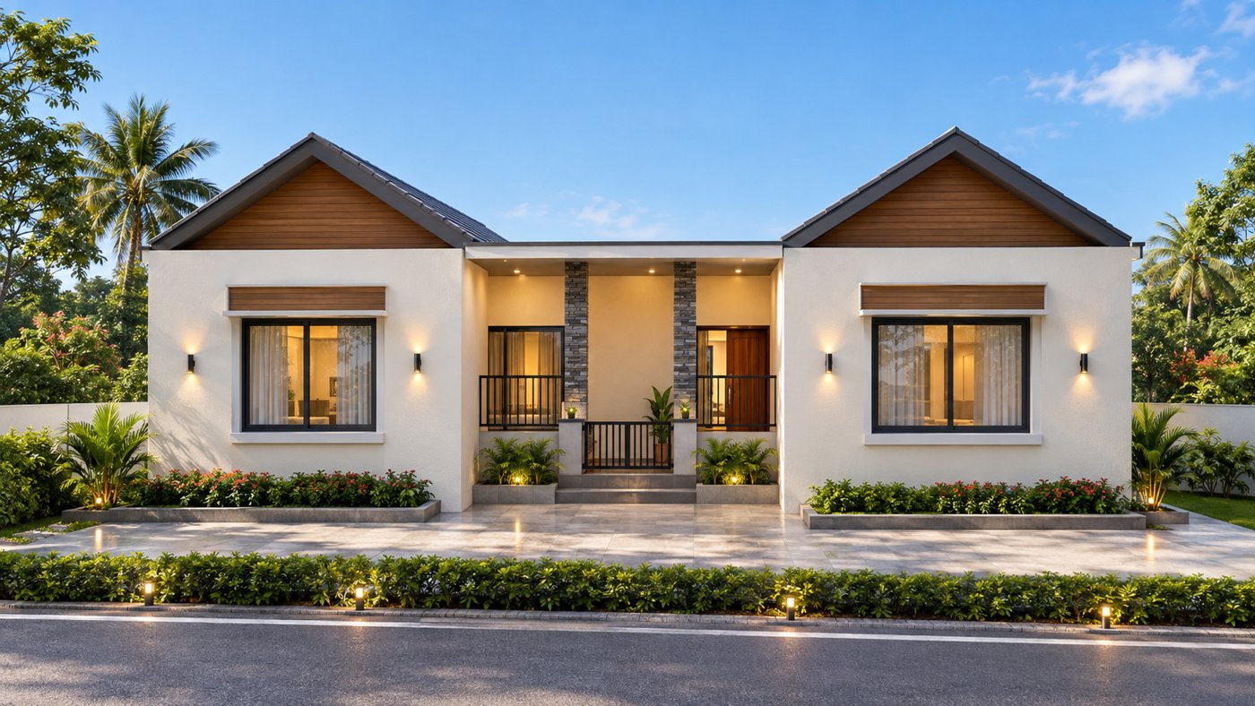 Symmetrical single-storey bungalow with twin gables, timber-tone cladding and stone-clad entrance columns, Bhola