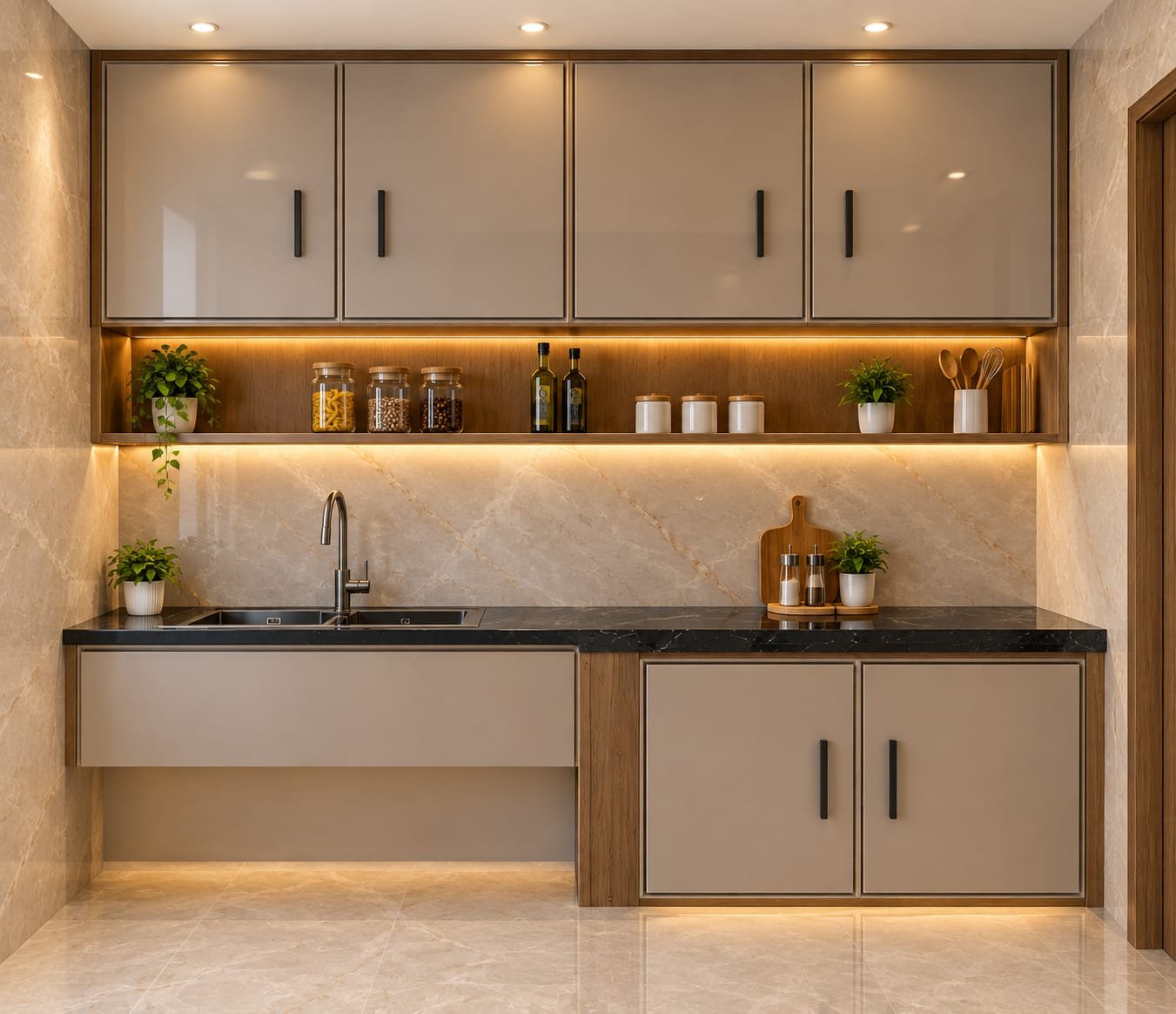 Sink and preparation zone with black stone counter and open timber shelf